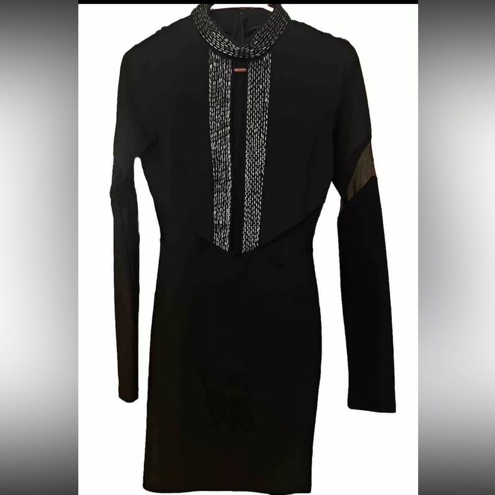 Symphony Black Bodycon Long Sleeved, Mesh See Through Detail, Midi Party Dress